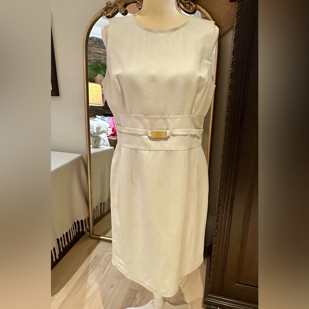 Ellen Tracy Sleeveless Cream Sheath Dress with Gold Accent